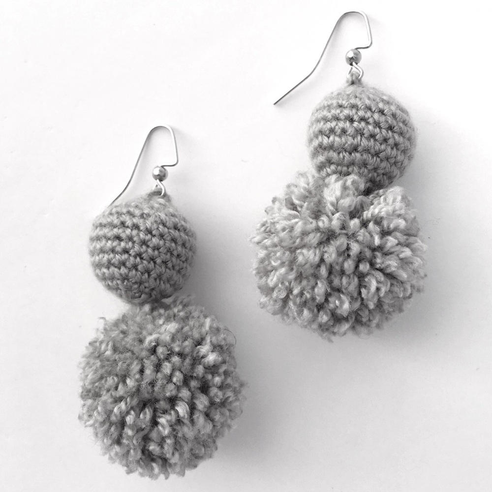 Gray Pompom & Crochet Bead Earrings